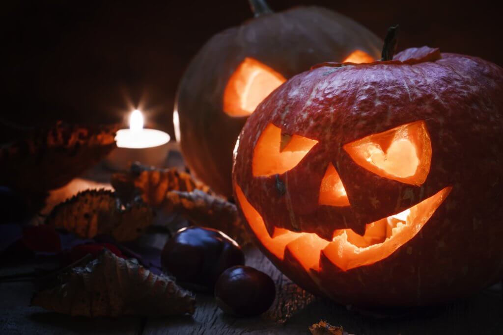 Two Halloween pumpkin Jack o Lantern on dark wooden background w