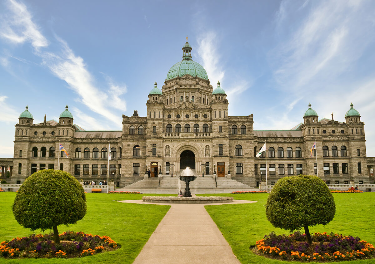 Historic British Columbia provincial parliament building on a sunny day