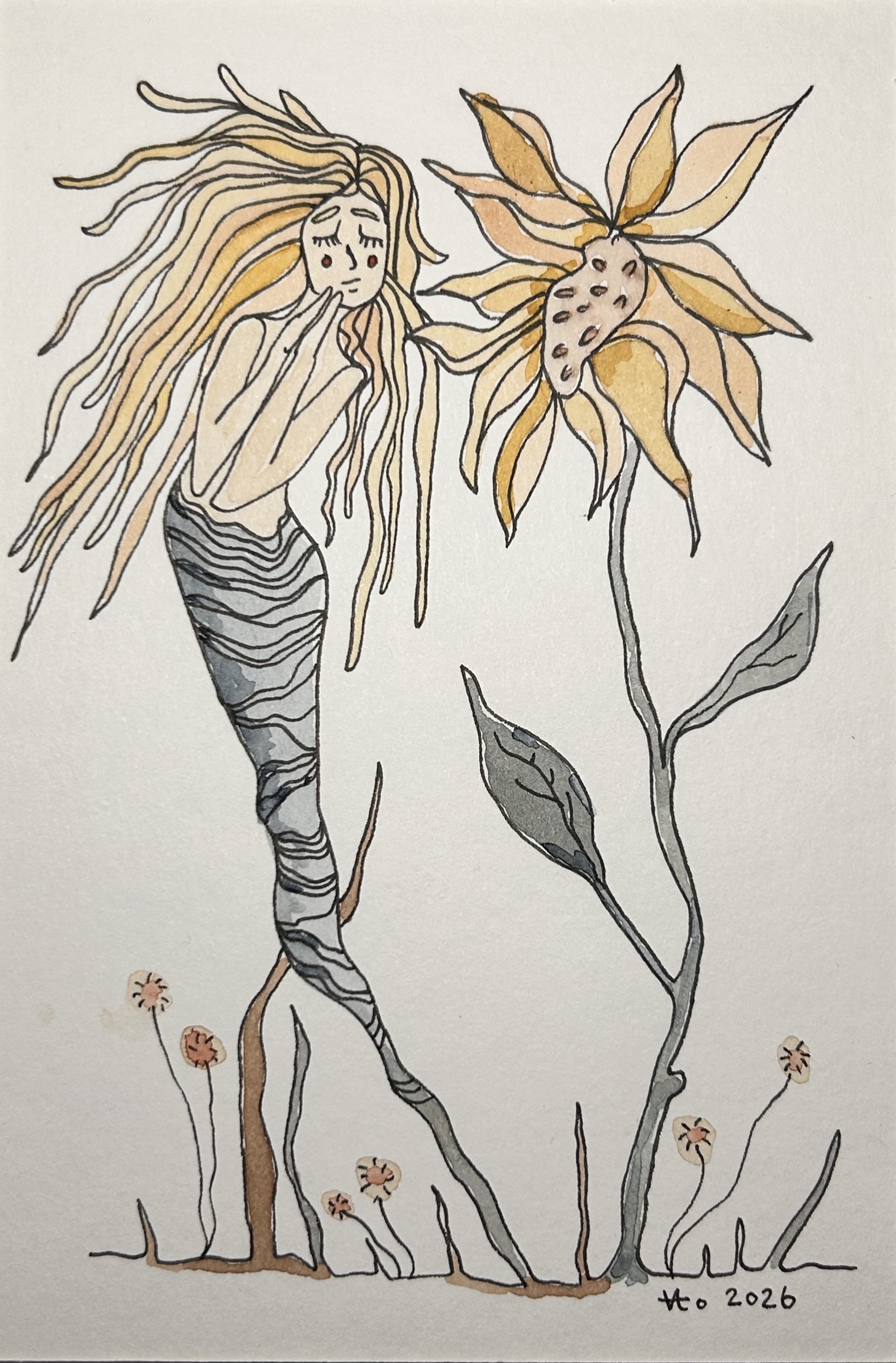 With the Flowers.  Ink on paper.
